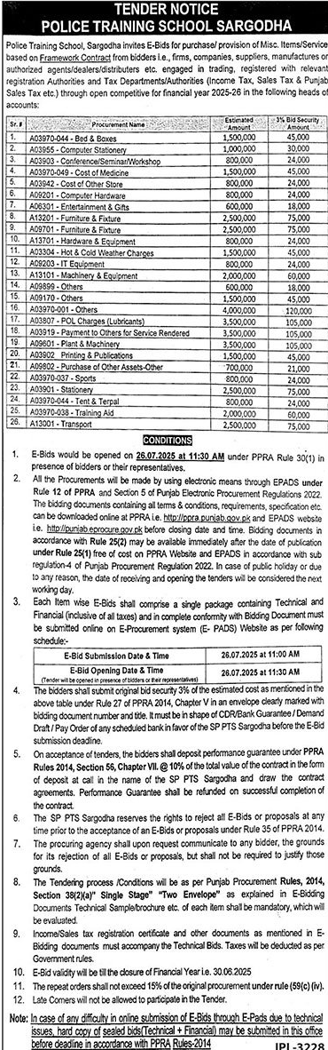 Police Training School Sargodha Tender Notice